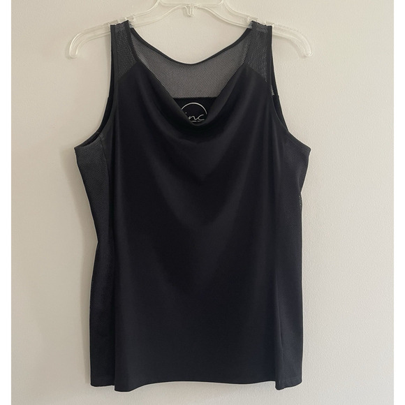 INC International Concepts Black Mesh Cowl Drape Neck Sleeveless Blouse‎ Medium - Picture 1 of 8